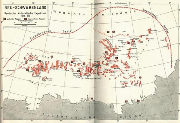 Новая Швабия на карте немецкой антарктической экспедиции 1938-1939 гг. Пунктирной линией обозначена исследованная область материка.