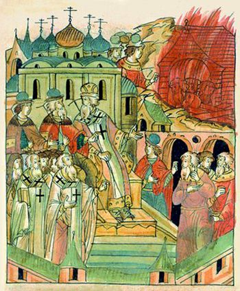 Осуждение жидовствующих на Соборе 1504 г. Миниатюра из Лицевого летописного свода