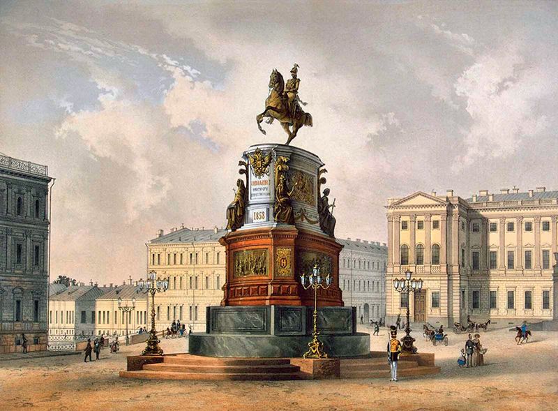 Памятник Николаю I в Санкт-Петербурге. Литография К. Шульца с рисунка И. Шарлеманя. 1850-е