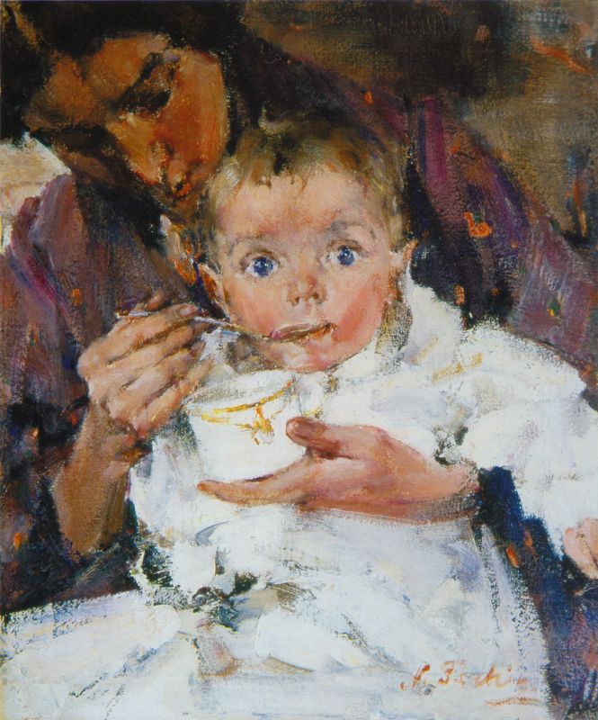 Н.Фешин. «Мать и дитя (Портрет А. Фешиной с дочерью)». 1914