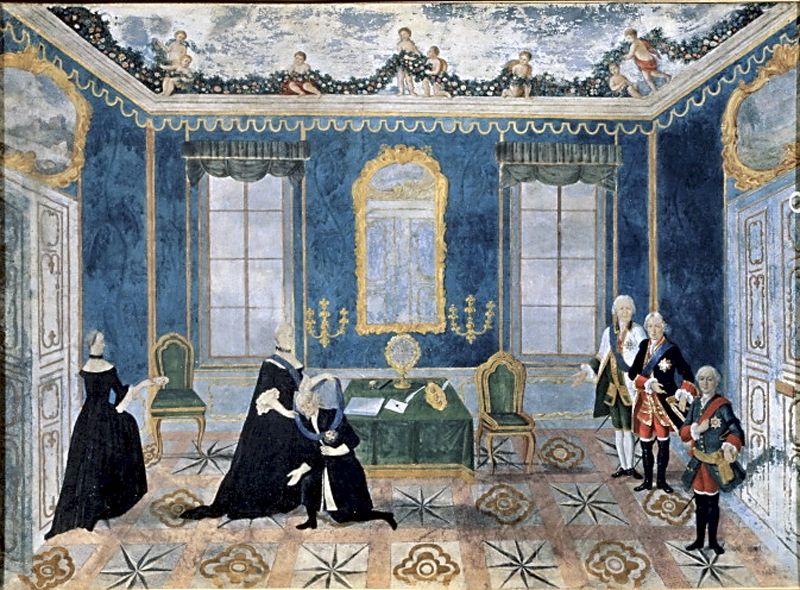 Возвращение графа Бестужева из ссылки. Екатерина II принимает его 12 июля 1762 года в петербургском Летнем дворце