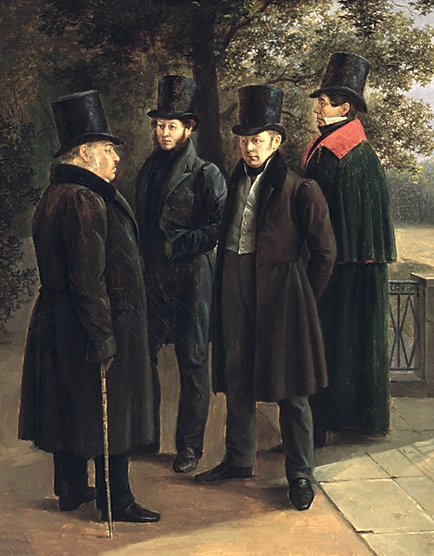 Г. Чернецов. «Крылов, Пушкин, Жуковский и Гнедич в Летнем саду». 1832