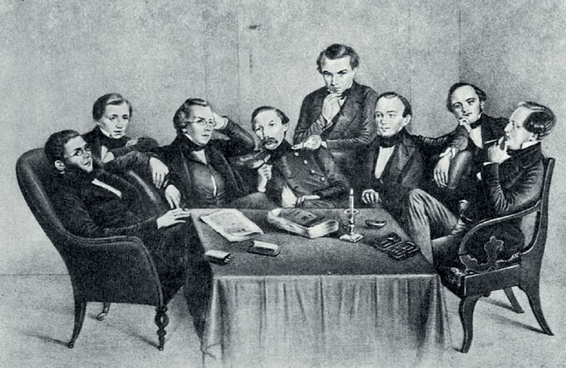 И. Аксаков (крайний слева) среди членов комиссии по расследованию деятельности секты раскольников (бегунов). Гравюра с рисунка А. Попова
