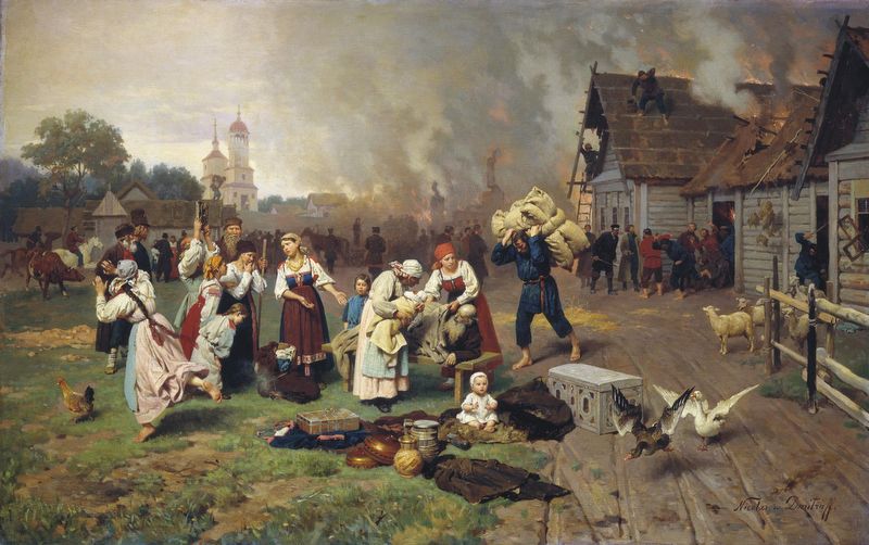 Н. Дмитриев-Оренбургский. «Пожар в деревне». Фрагмент. 1885