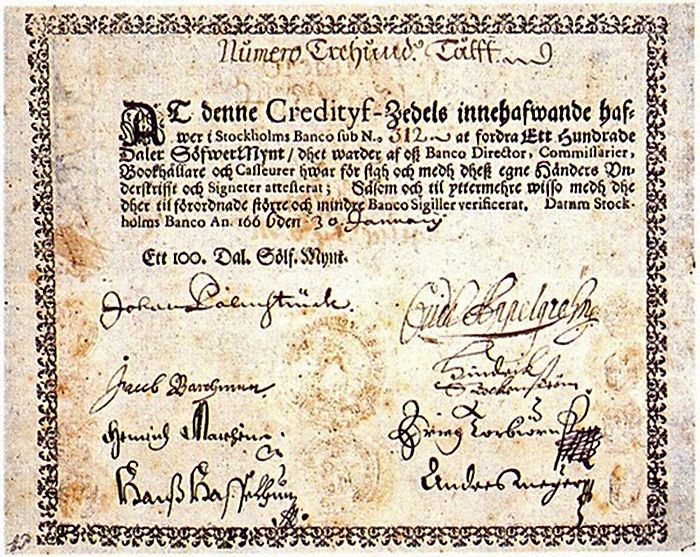 Шведская банкнота в сто Далеров. 1666 год