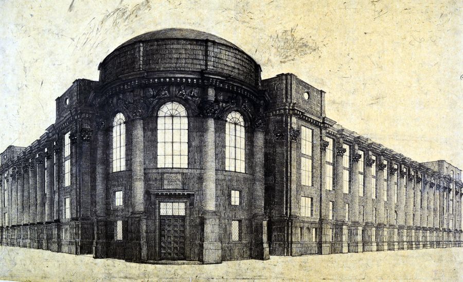 Леонид Веснин, Виктор Веснин, Александр Веснин. «Конкурсный проект фасада здания Училища живописи, ваяния и зодчества на Мясницкой улице в Москве. Девиз «Школа искусств» (1-я премия)» (1910).