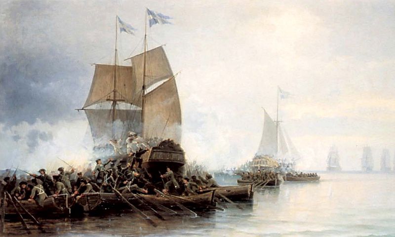 Л. Блинов. «Взятие шведских кораблей в устье Невы». 1890
